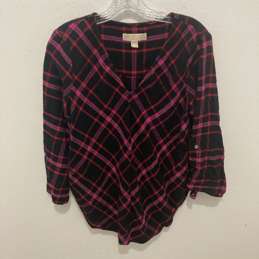 MICHAEL Michael Kors black purple plaid V-neck flannel pullover top M